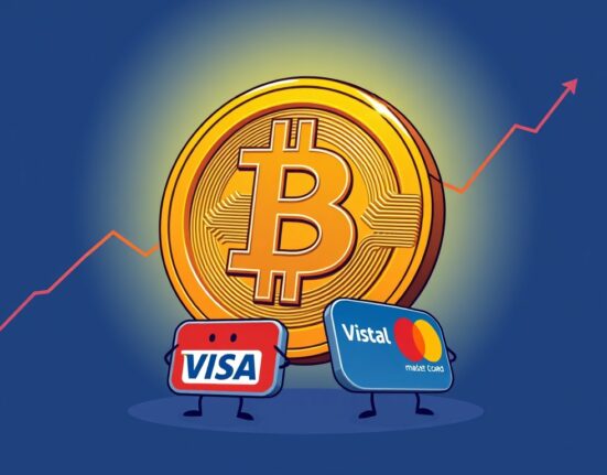 A cartoon illustration showing Bitcoin market cap's monumental growth, overshadowing traditional payment giants Visa and Mastercard.