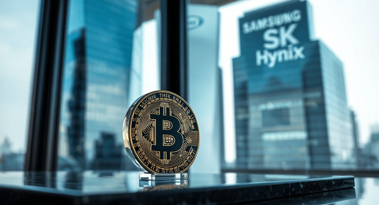 Bitcoin coin sculpture in foreground with blurred corporate headquarters in background representing Samsung and SK Hynix