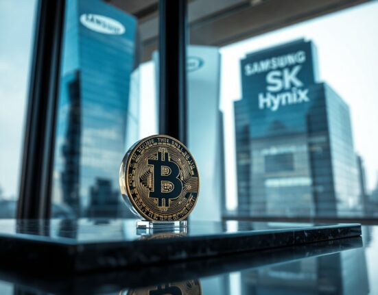 Bitcoin coin sculpture in foreground with blurred corporate headquarters in background representing Samsung and SK Hynix