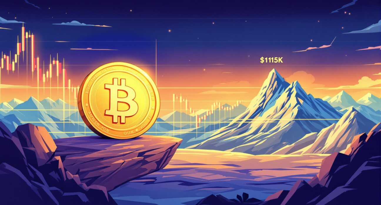 A cartoon illustration showing the Bitcoin market in a period of consolidation, with a path leading towards a $115K target.