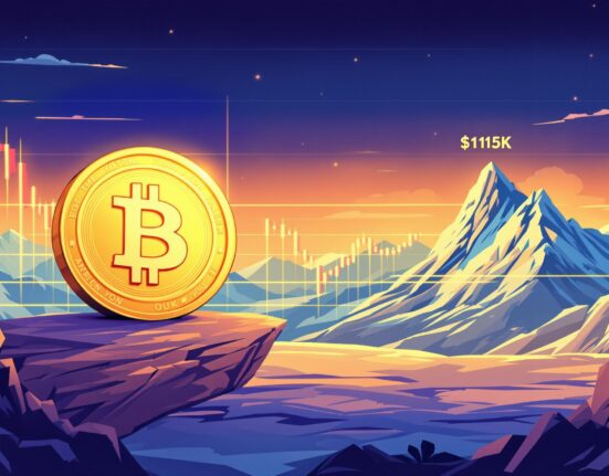 A cartoon illustration showing the Bitcoin market in a period of consolidation, with a path leading towards a $115K target.