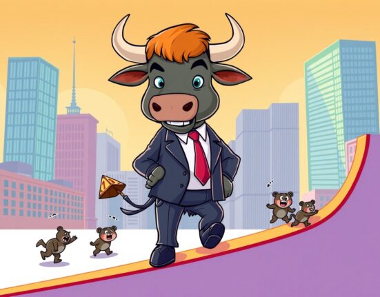 Confident bull representing stable Bitcoin market cycles walking through financial district