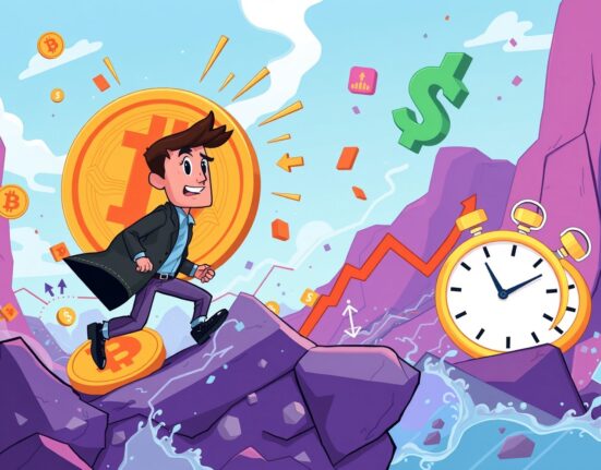 An investor observes a dynamic chart reflecting the current Bitcoin market, highlighting key factors and potential price movements.