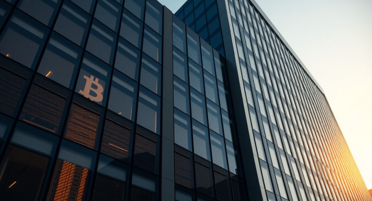 Corporate building facade with Bitcoin symbol reflection representing MicroStrategy's market influence