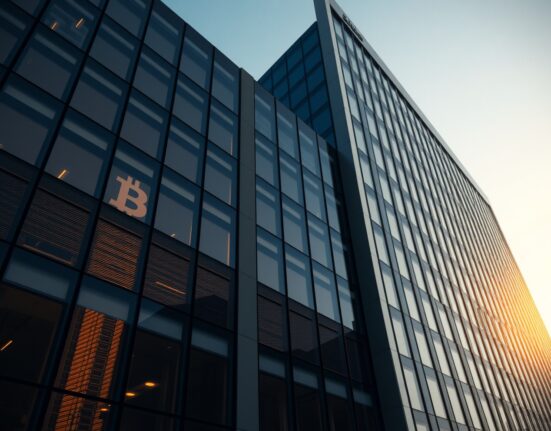 Corporate building facade with Bitcoin symbol reflection representing MicroStrategy's market influence