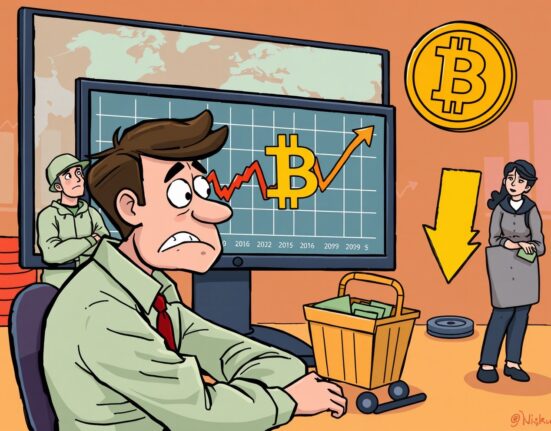 A cartoon illustrating the uncertain Bitcoin market outlook, with investors watching price trends and institutional activity.