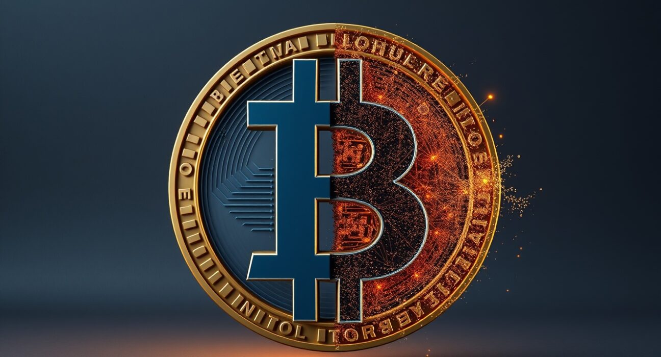 Conceptual image of Bitcoin market polarization showing institutional support versus selling pressure.