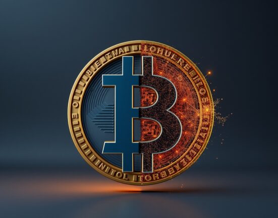 Conceptual image of Bitcoin market polarization showing institutional support versus selling pressure.