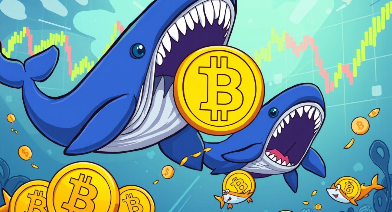 Bitcoin market risk illustration showing whales retreating from cryptocurrency while retail investors approach