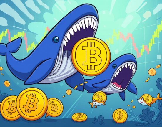 Bitcoin market risk illustration showing whales retreating from cryptocurrency while retail investors approach