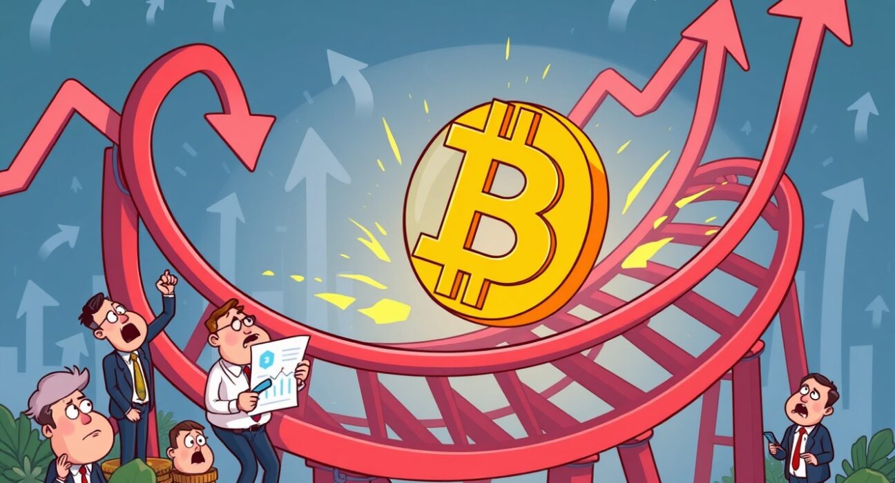 Bitcoin market structure analysis showing cryptocurrency volatility and investor concerns in cartoon illustration