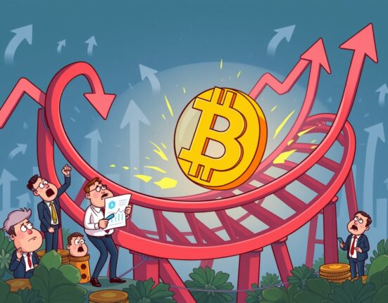 Bitcoin market structure analysis showing cryptocurrency volatility and investor concerns in cartoon illustration