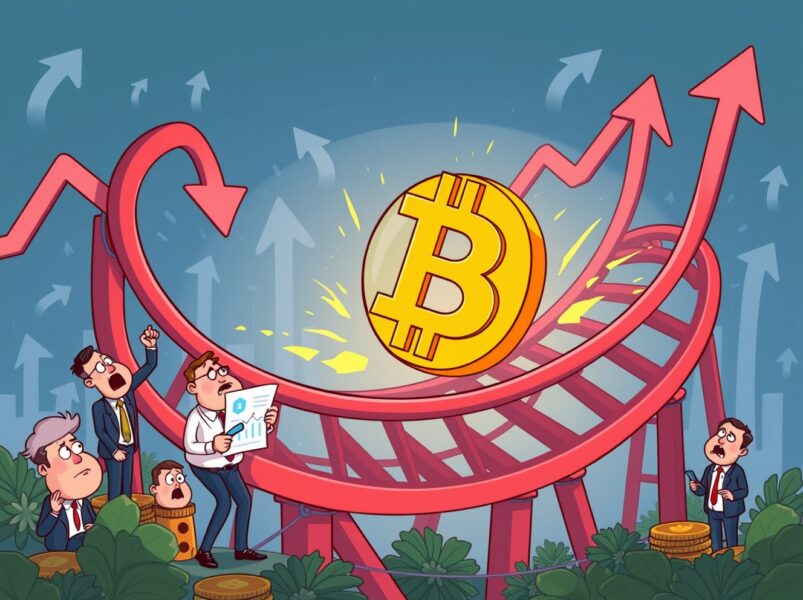 Bitcoin market structure analysis showing cryptocurrency volatility and investor concerns in cartoon illustration
