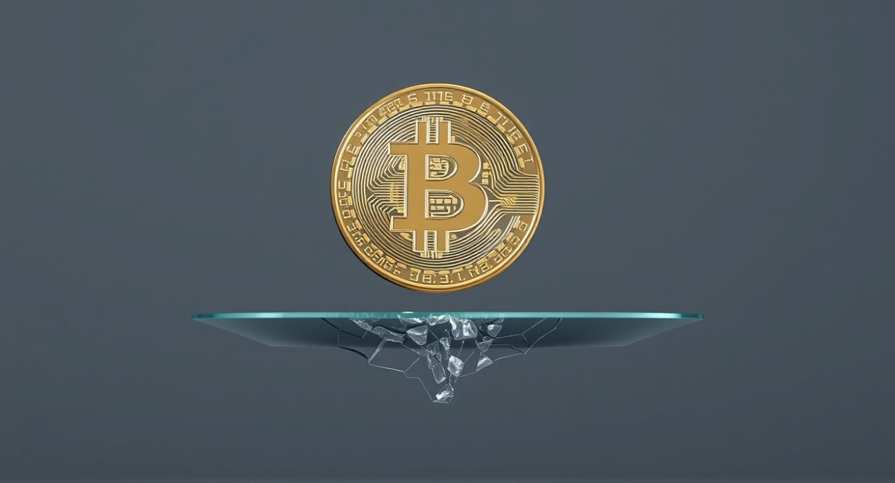 Bitcoin market instability analysis showing digital coin above fractured surface