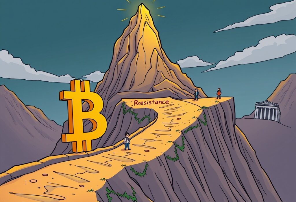 A cartoon illustration symbolizing Bitcoin's journey as it nears record highs and faces crucial market tests.