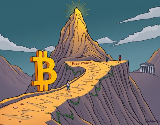 A cartoon illustration symbolizing Bitcoin's journey as it nears record highs and faces crucial market tests.