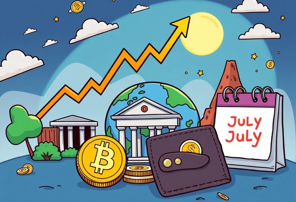 A vibrant cartoon illustration showing key Bitcoin market trends influencing price action this week.