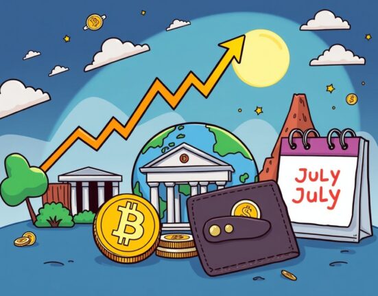 A vibrant cartoon illustration showing key Bitcoin market trends influencing price action this week.