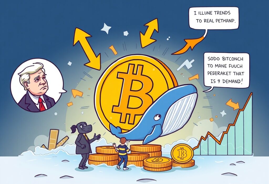 Cartoon illustration showing key factors influencing Bitcoin market trends, including price levels, economic policy, and investor activity.