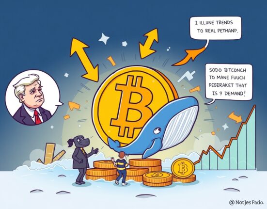Cartoon illustration showing key factors influencing Bitcoin market trends, including price levels, economic policy, and investor activity.