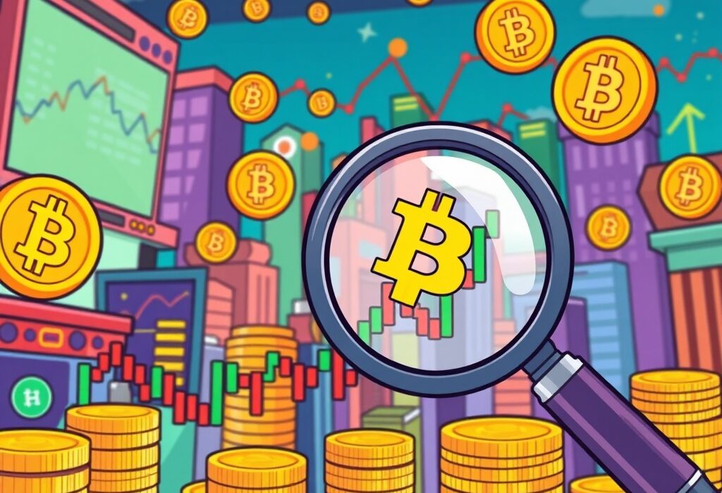 A vibrant cartoon illustration showing a magnifying glass examining Bitcoin market trends amidst a dynamic crypto landscape.
