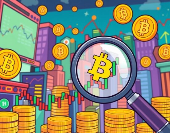 A vibrant cartoon illustration showing a magnifying glass examining Bitcoin market trends amidst a dynamic crypto landscape.