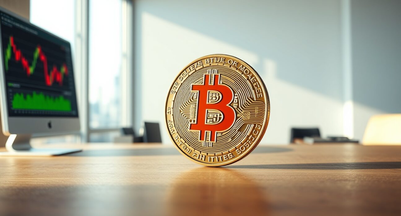 Bitcoin coin on a table with a trading chart on a monitor in the background