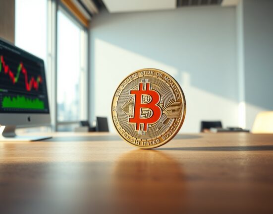 Bitcoin coin on a table with a trading chart on a monitor in the background