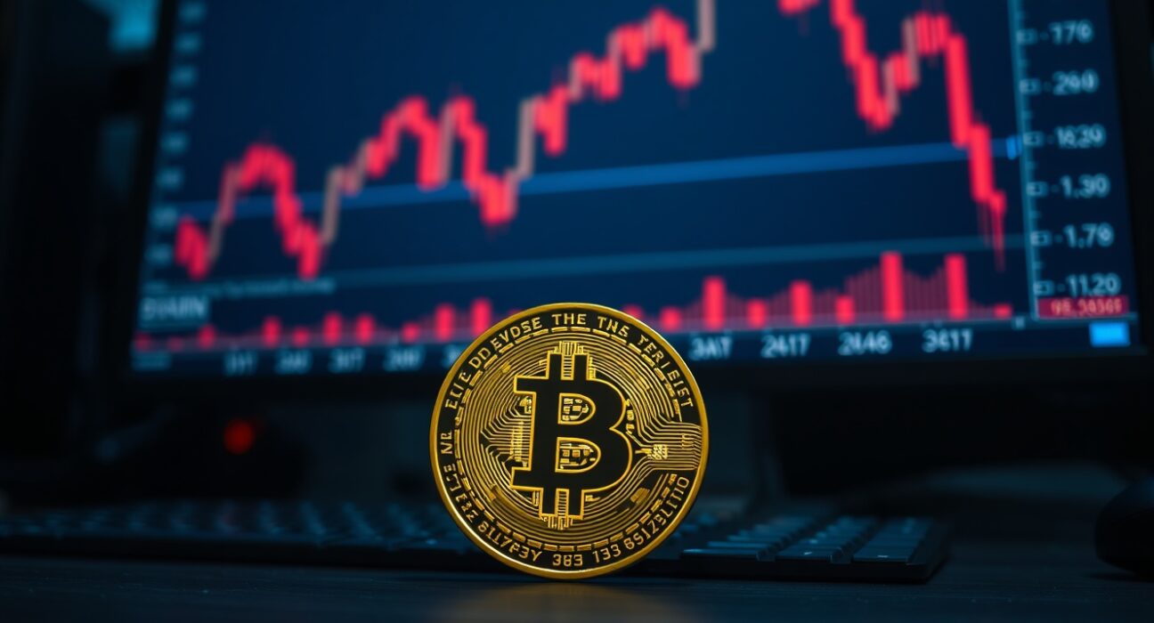Bitcoin coin in foreground with red declining chart on a monitor in a dark trading room.