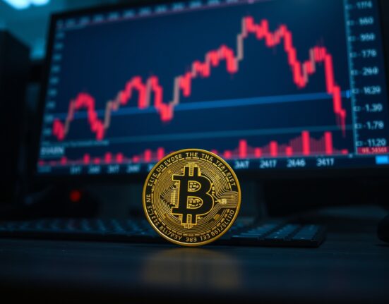 Bitcoin coin in foreground with red declining chart on a monitor in a dark trading room.
