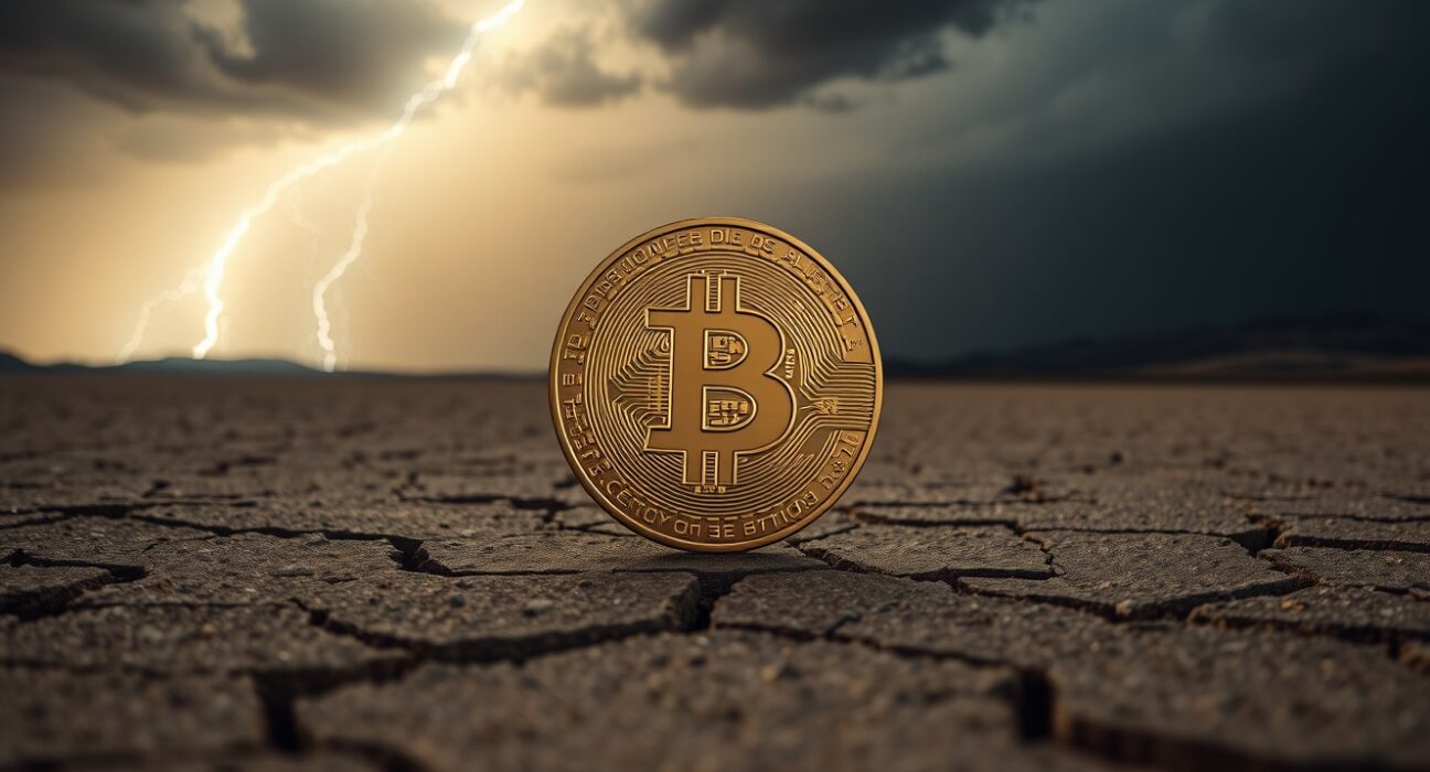 Bitcoin coin on cracked desert floor under stormy sky, symbolizing market uncertainty