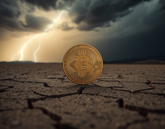 Bitcoin coin on cracked desert floor under stormy sky, symbolizing market uncertainty