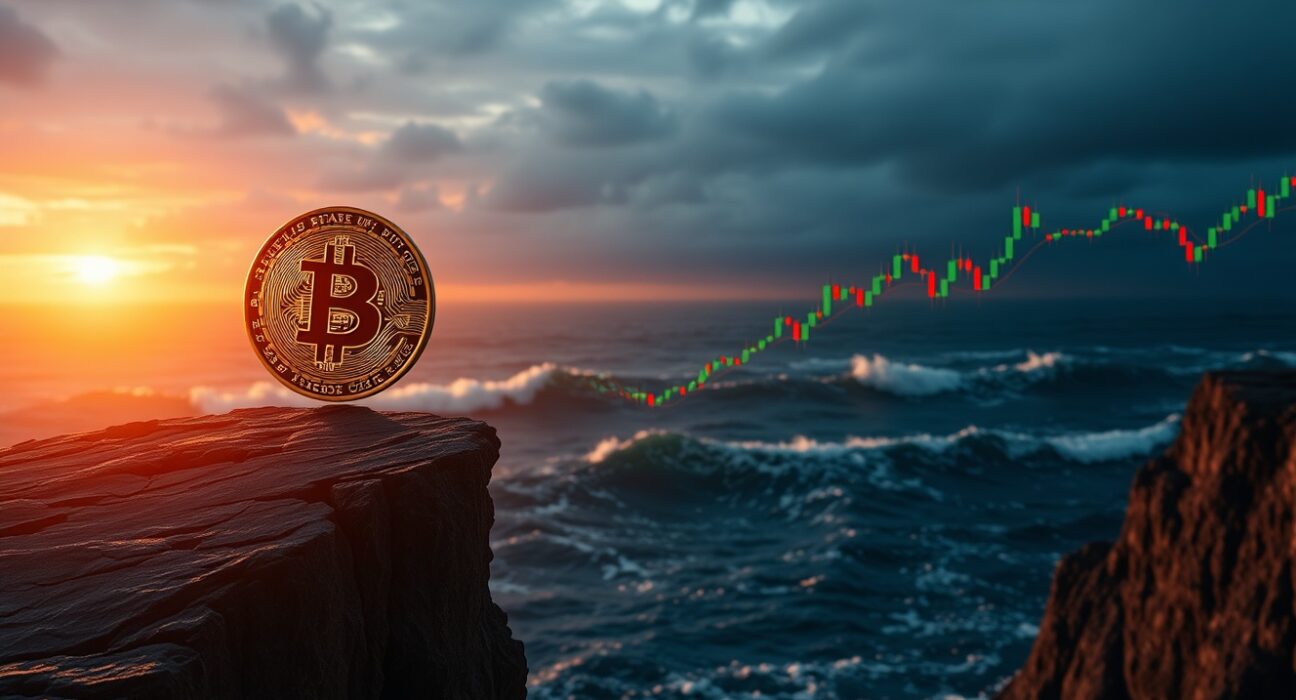 Bitcoin coin balanced on cliff edge overlooking turbulent market chart ocean at sunset