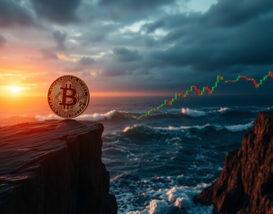 Bitcoin coin balanced on cliff edge overlooking turbulent market chart ocean at sunset