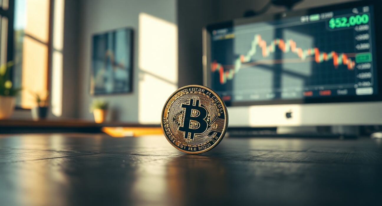 Bitcoin coin on desk with price chart on monitor showing potential drop to $52,000