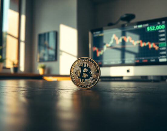 Bitcoin coin on desk with price chart on monitor showing potential drop to $52,000
