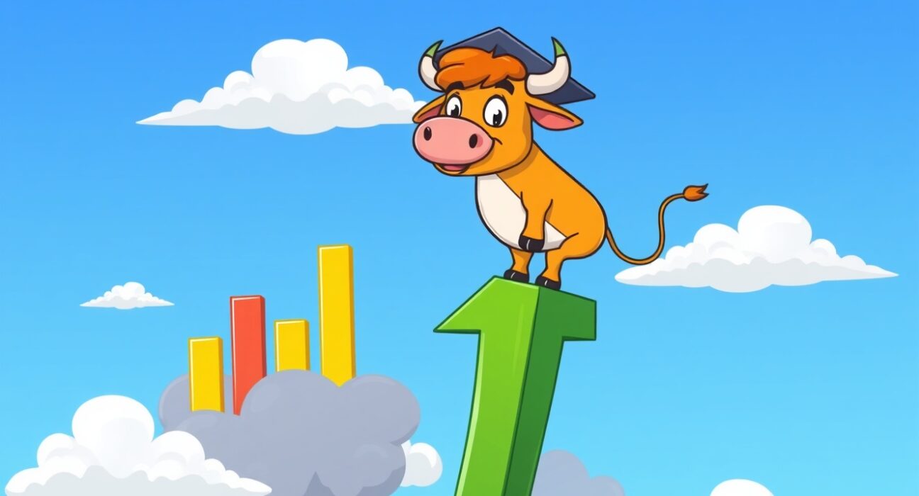 A cartoon bull on a rising arrow symbolizing the improving Bitcoin medium-term outlook breaking through market uncertainty.