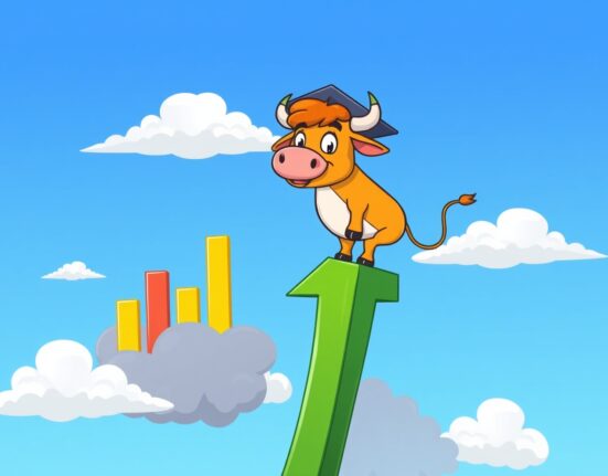A cartoon bull on a rising arrow symbolizing the improving Bitcoin medium-term outlook breaking through market uncertainty.