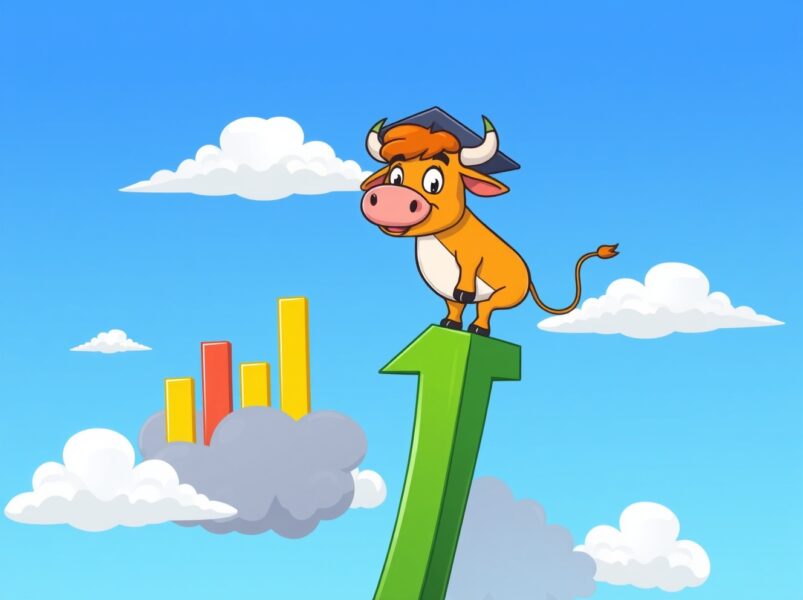 A cartoon bull on a rising arrow symbolizing the improving Bitcoin medium-term outlook breaking through market uncertainty.
