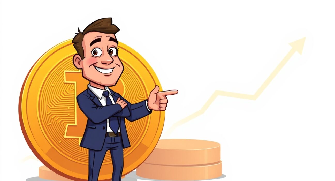 Cartoon illustration of Michael Saylor confidently advising investors to hold their Bitcoin for the future.