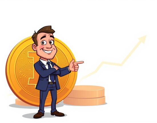 Cartoon illustration of Michael Saylor confidently advising investors to hold their Bitcoin for the future.