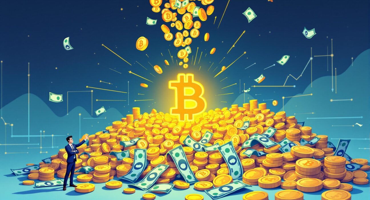 A cartoon illustration showing a large sum of money being invested into Bitcoin, symbolizing MicroStrategy's significant capital raise for more Bitcoin purchases.