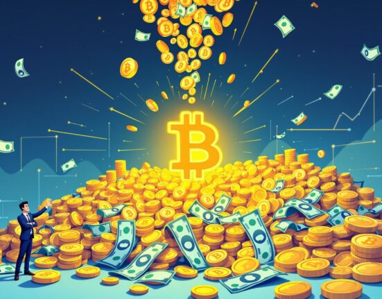 A cartoon illustration showing a large sum of money being invested into Bitcoin, symbolizing MicroStrategy's significant capital raise for more Bitcoin purchases.
