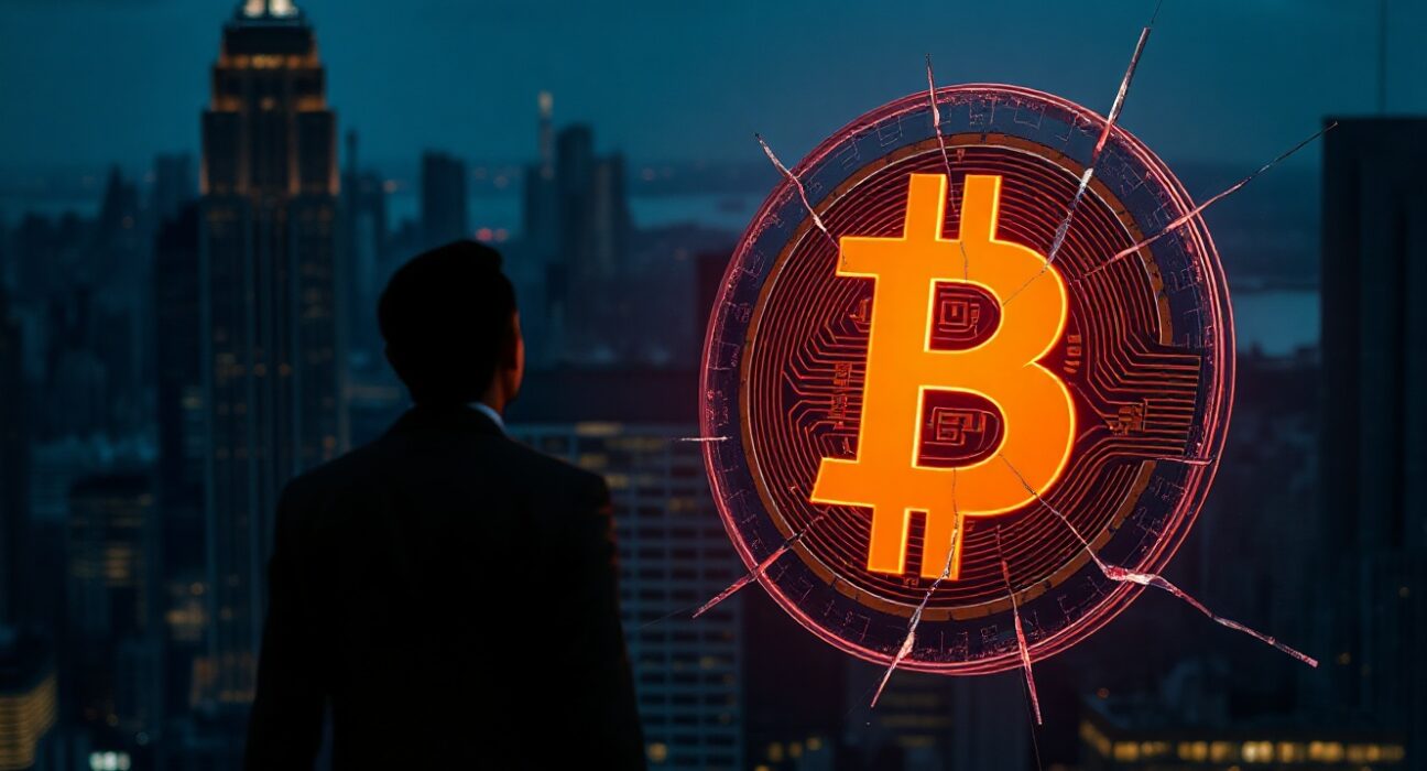 Fragile glowing Bitcoin symbol over dark financial district skyline, representing market vulnerability.