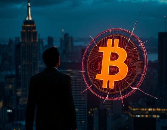 Fragile glowing Bitcoin symbol over dark financial district skyline, representing market vulnerability.
