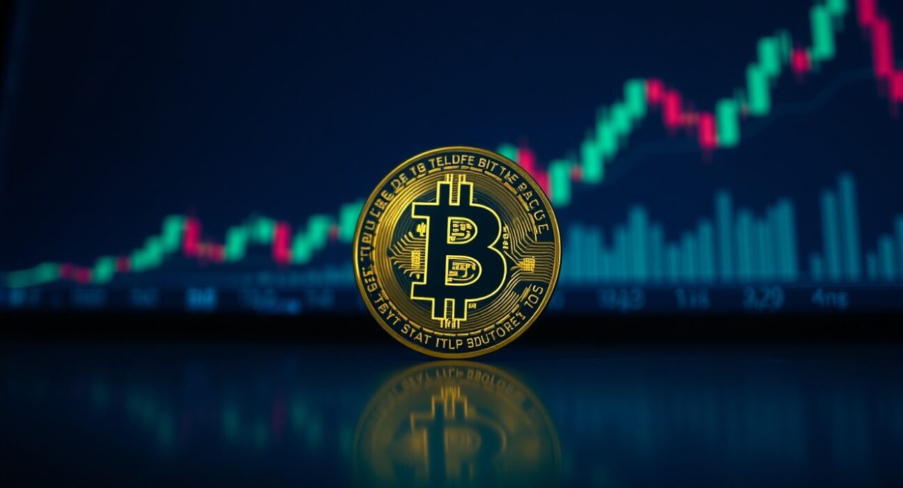 Bitcoin coin on a digital trading screen with candlestick charts in the background