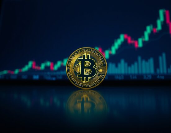 Bitcoin coin on a digital trading screen with candlestick charts in the background