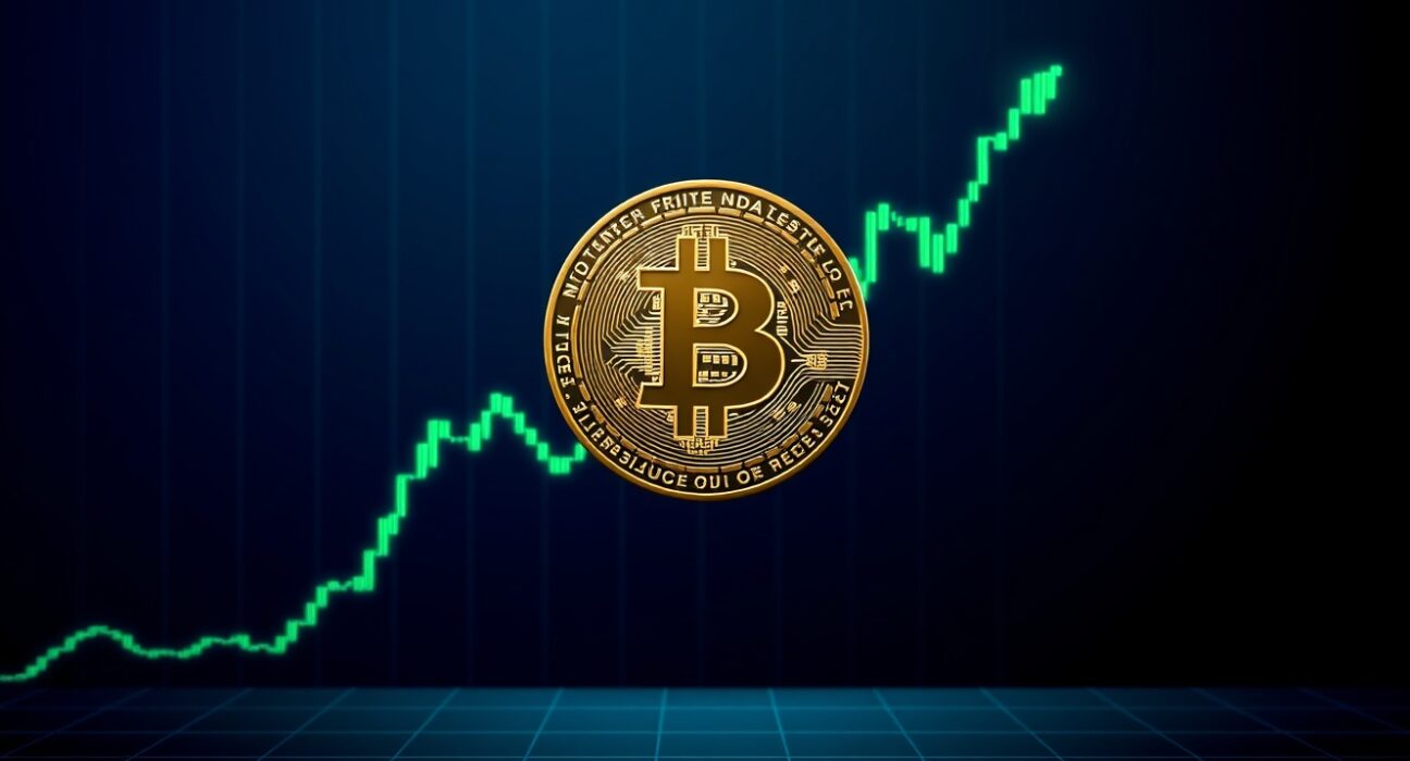 Bitcoin coin with a green price chart omega candle symbolizing Samson Mow's Bitcoin price prediction of $1 million.