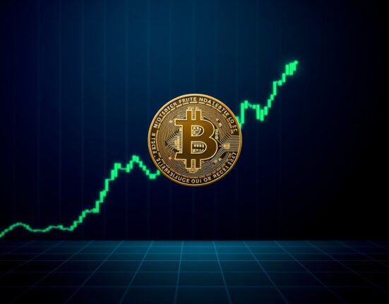Bitcoin coin with a green price chart omega candle symbolizing Samson Mow's Bitcoin price prediction of $1 million.