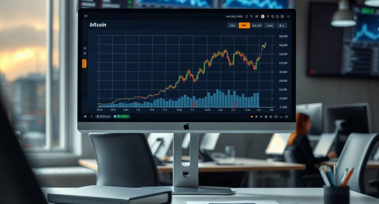 Bitcoin price chart on a monitor showing an upward trend in a professional trading environment